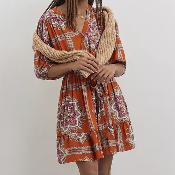 Anthropologie Rust and Cream short Sleeve dress with V-Neck sz XS - Picture 1 of 11